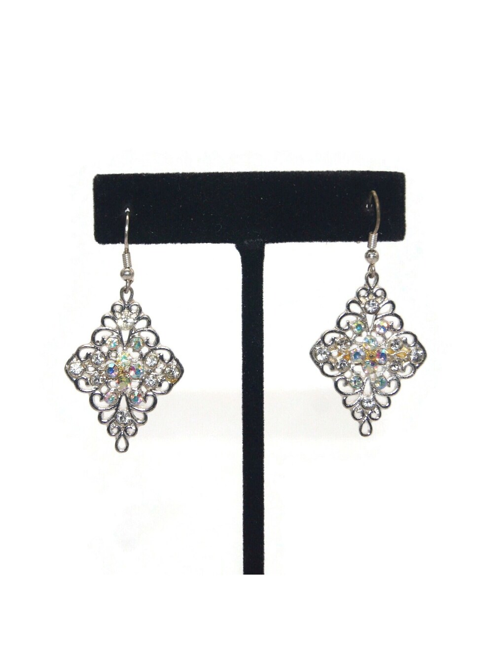 Vintage Silver Tone and AB Rhinestones Dangle Earrings with Hook Backs.